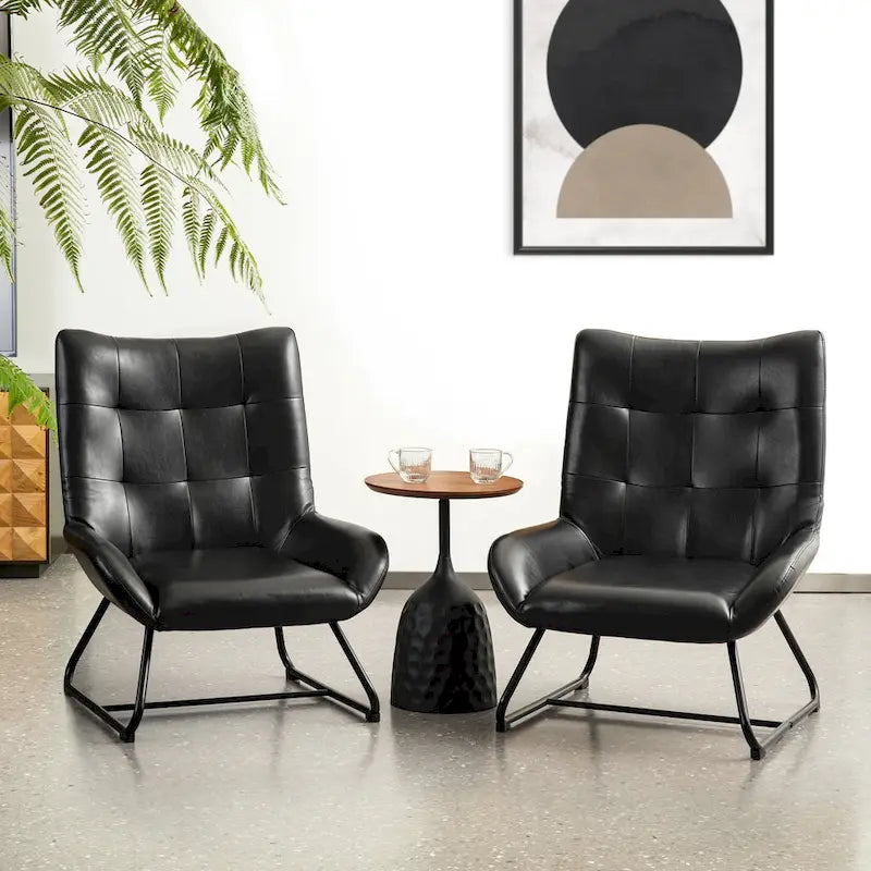 Fauteuil d'appoint dossier haut en cuir polyuréthane noir capitonné avec pieds en métal