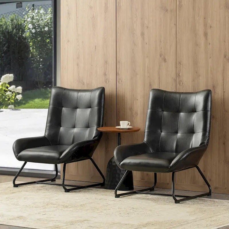 Fauteuil d'appoint dossier haut en cuir polyuréthane noir capitonné avec pieds en métal