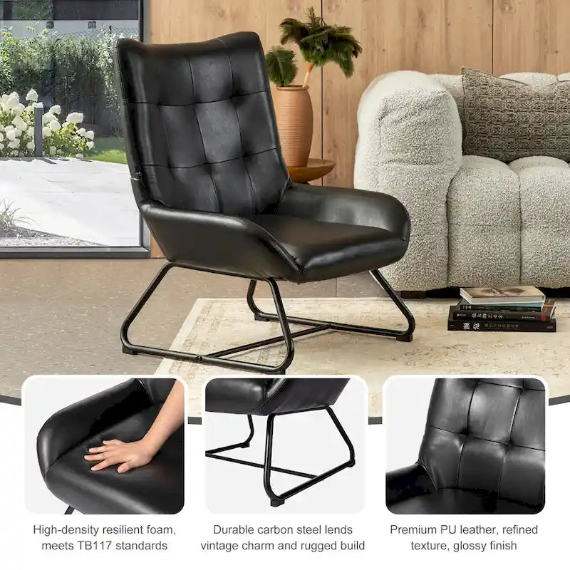 Fauteuil d'appoint dossier haut en cuir polyuréthane noir capitonné avec pieds en métal