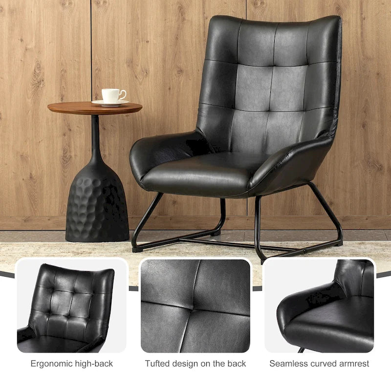 Fauteuil d'appoint dossier haut en cuir polyuréthane noir capitonné avec pieds en métal