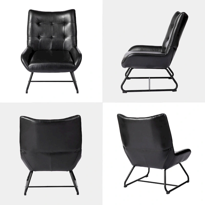 Fauteuil d'appoint dossier haut en cuir polyuréthane noir capitonné avec pieds en métal
