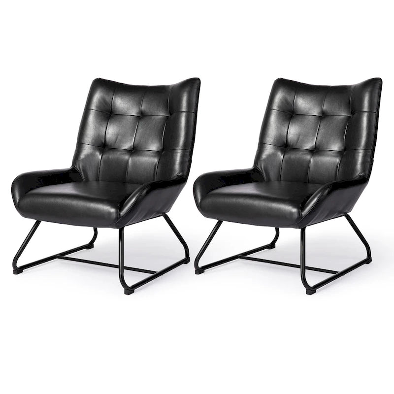 Fauteuil d'appoint dossier haut en cuir polyuréthane noir capitonné avec pieds en métal