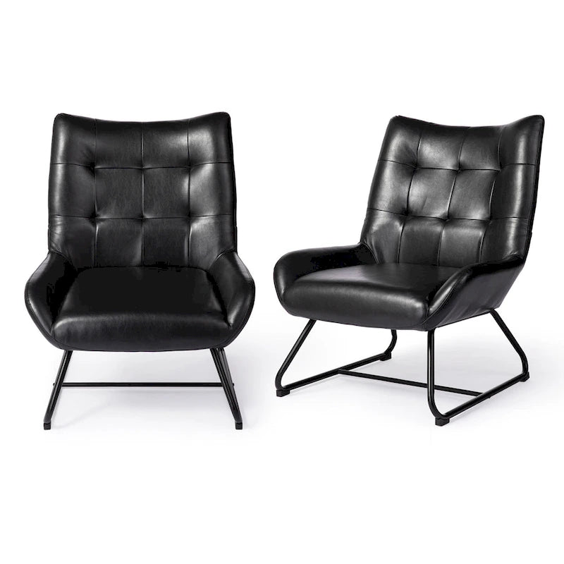 Fauteuil d'appoint dossier haut en cuir polyuréthane noir capitonné avec pieds en métal