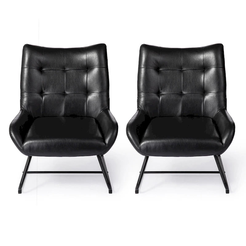 Fauteuil d'appoint dossier haut en cuir polyuréthane noir capitonné avec pieds en métal