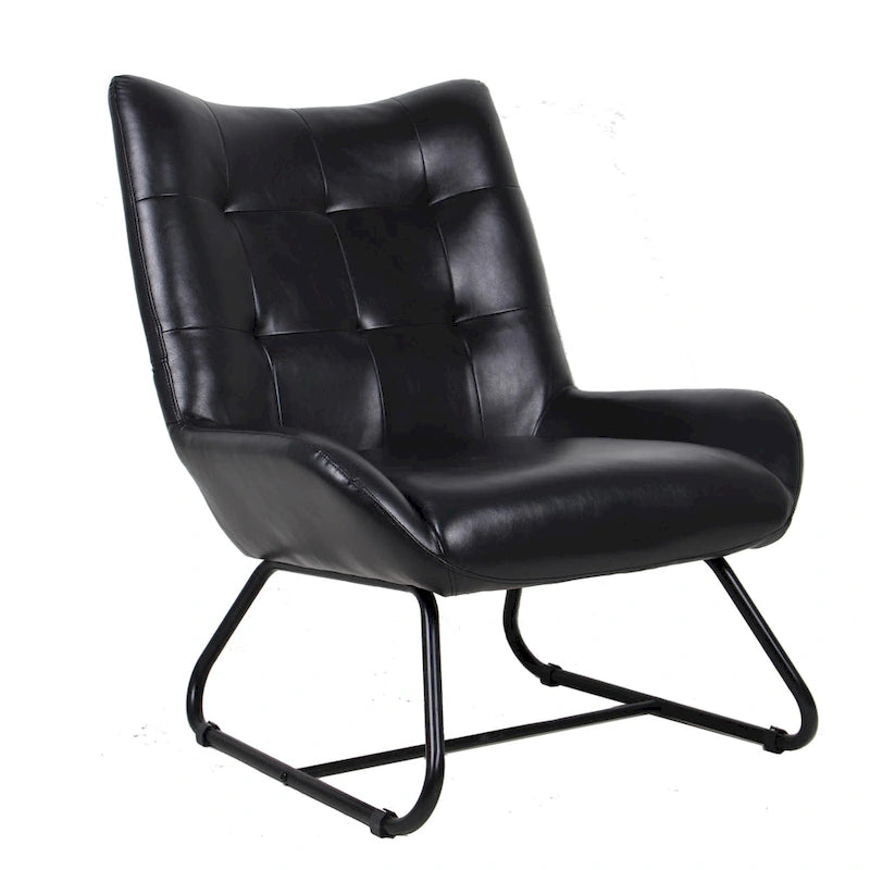 Fauteuil d'appoint dossier haut en cuir polyuréthane noir capitonné avec pieds en métal