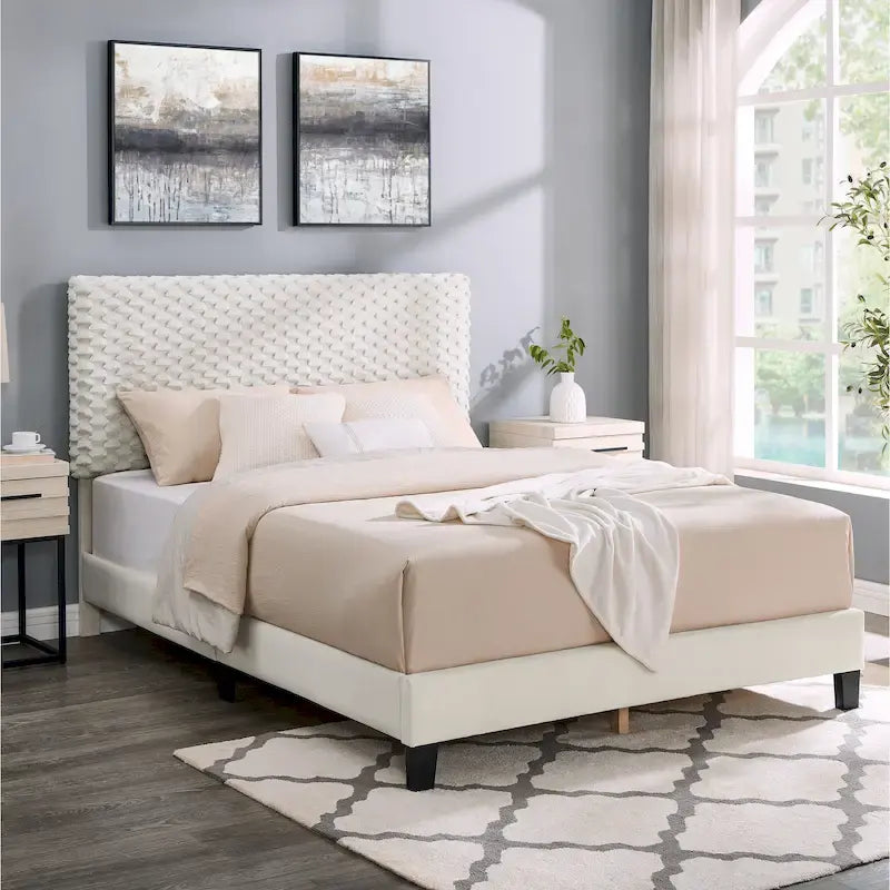 Lit plateforme capitonné 3D Off White avec tête de lit réglable, tissu Dove
