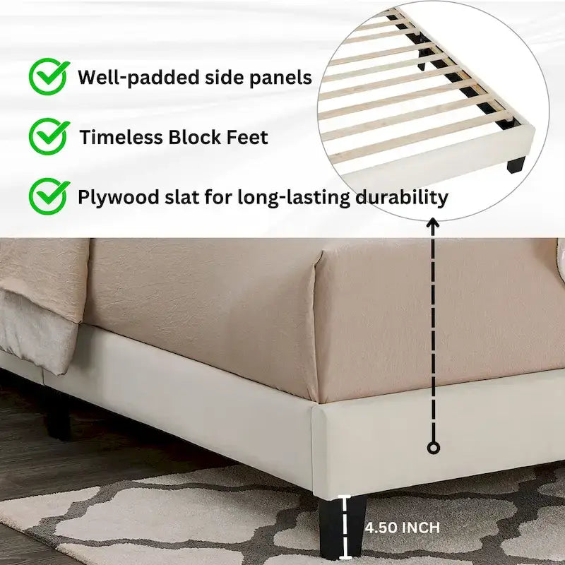 Lit plateforme capitonné 3D Off White avec tête de lit réglable, tissu Dove
