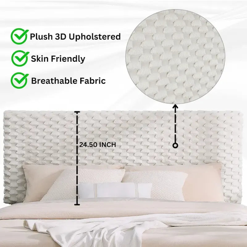 Lit plateforme capitonné 3D Off White avec tête de lit réglable, tissu Dove