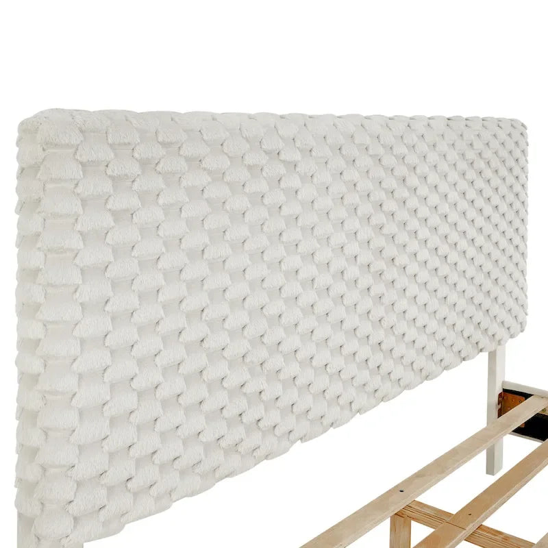 Lit plateforme capitonné 3D Off White avec tête de lit réglable, tissu Dove