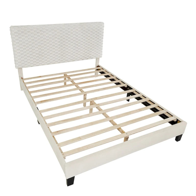 Lit plateforme capitonné 3D Off White avec tête de lit réglable, tissu Dove