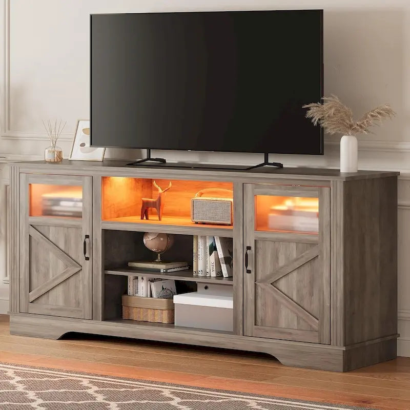 Meuble TV de ferme avec lumières LED, portes en verre, plusieurs options de couleurs
