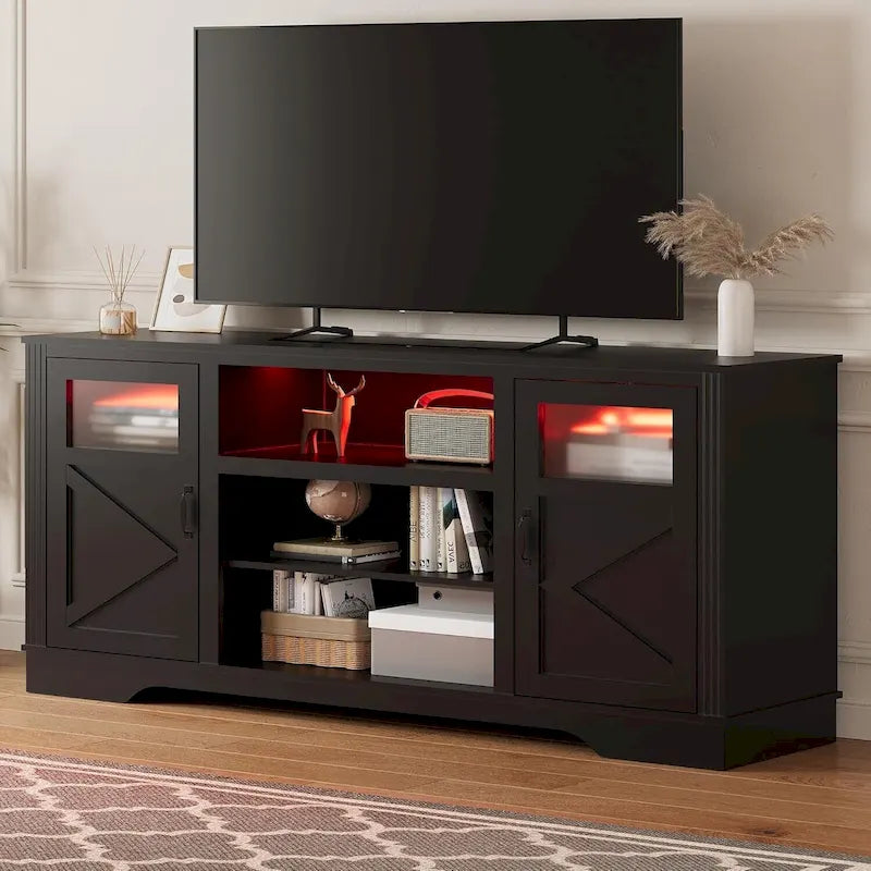 Meuble TV de ferme avec lumières LED, portes en verre, plusieurs options de couleurs