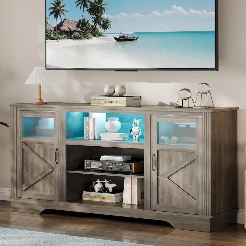 Meuble TV de ferme avec lumières LED, portes en verre, plusieurs options de couleurs