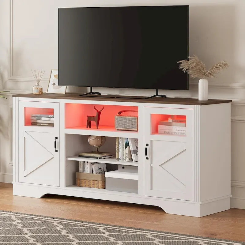 Meuble TV de ferme avec lumières LED, portes en verre, plusieurs options de couleurs