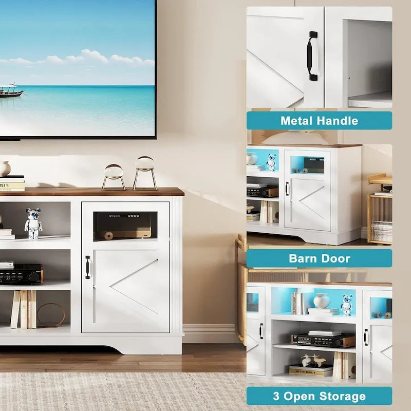 Meuble TV de ferme avec lumières LED, portes en verre, plusieurs options de couleurs