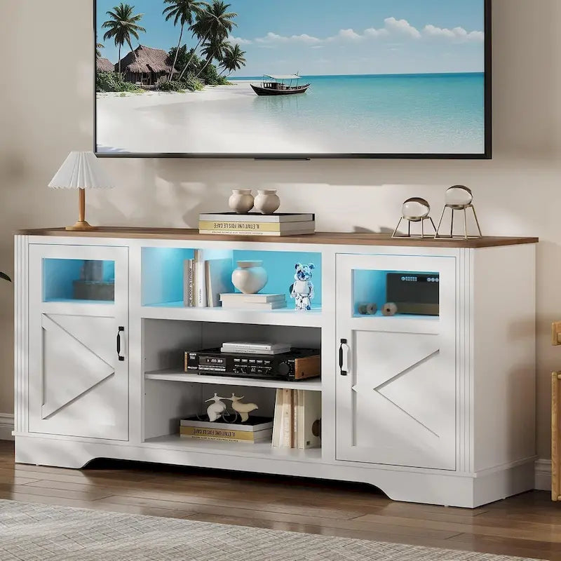 Meuble TV de ferme avec lumières LED, portes en verre, plusieurs options de couleurs