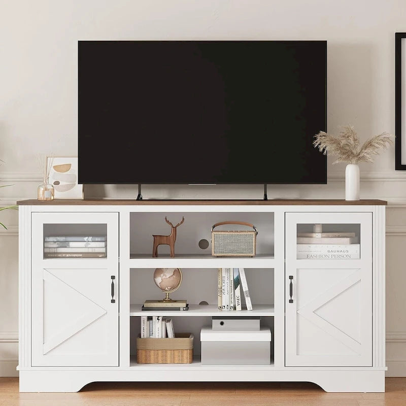 Meuble TV de ferme avec lumières LED, portes en verre, plusieurs options de couleurs
