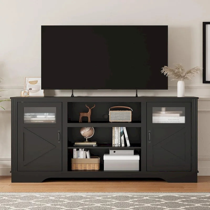 Meuble TV de ferme avec lumières LED, portes en verre, plusieurs options de couleurs