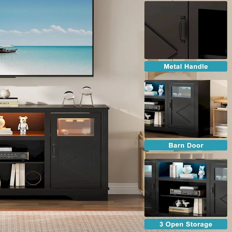 Meuble TV de ferme avec lumières LED, portes en verre, plusieurs options de couleurs