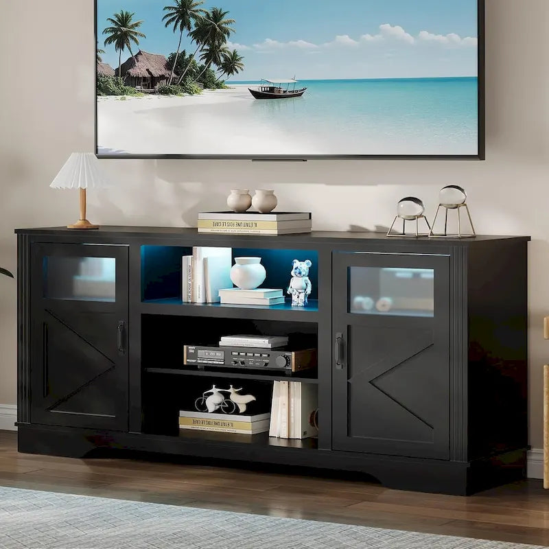 Meuble TV de ferme avec lumières LED, portes en verre, plusieurs options de couleurs