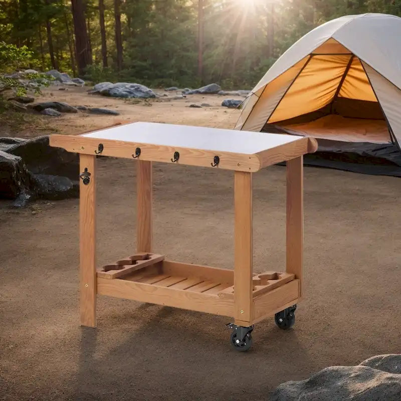 Chariot de desserte pour barbecue en bois à 2 étagères avec plateau en acier inoxydable, marron