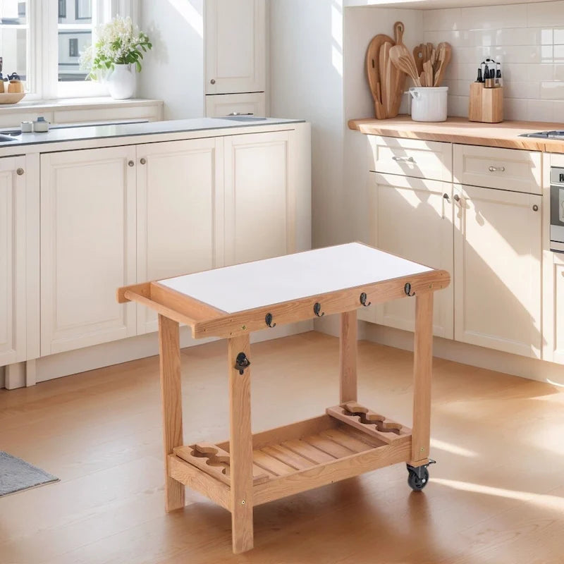 Chariot de desserte pour barbecue en bois à 2 étagères avec plateau en acier inoxydable, marron