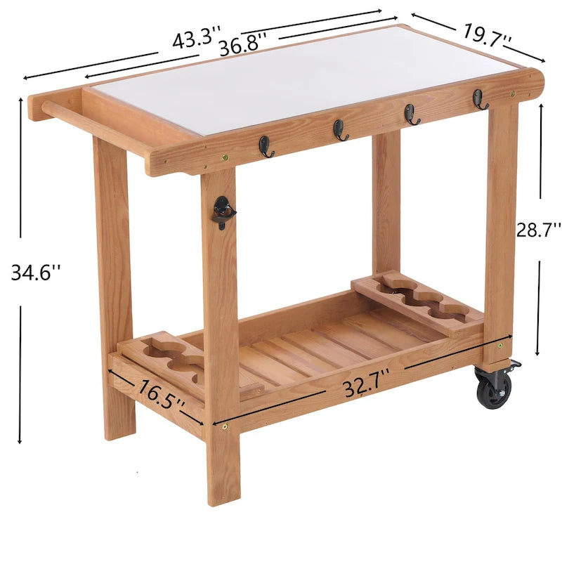 Chariot de desserte pour barbecue en bois à 2 étagères avec plateau en acier inoxydable, marron