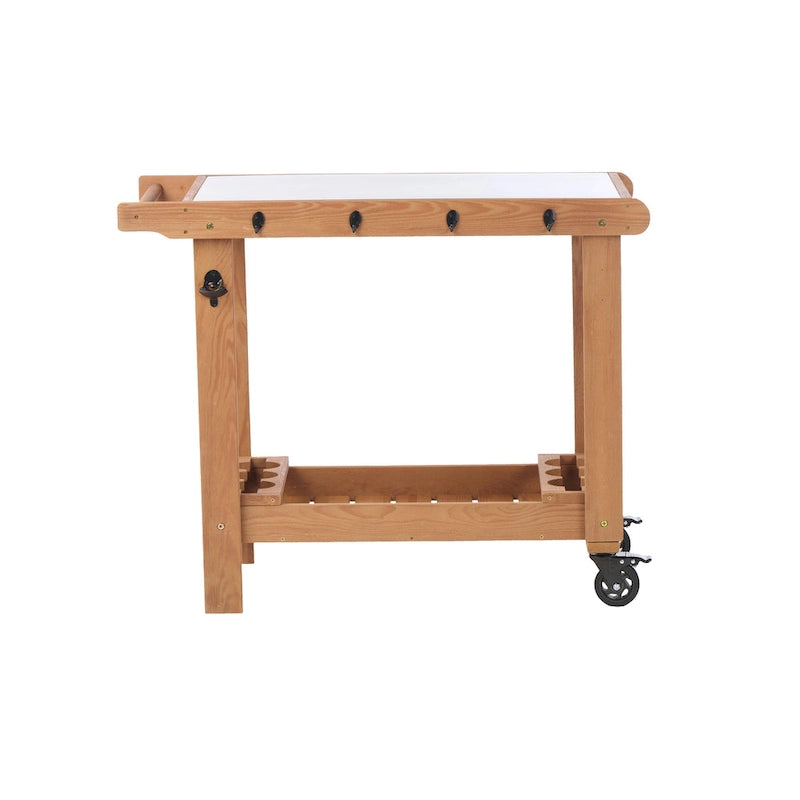 Chariot de desserte pour barbecue en bois à 2 étagères avec plateau en acier inoxydable, marron