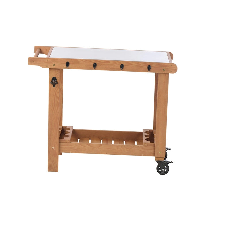 Chariot de desserte pour barbecue en bois à 2 étagères avec plateau en acier inoxydable, marron
