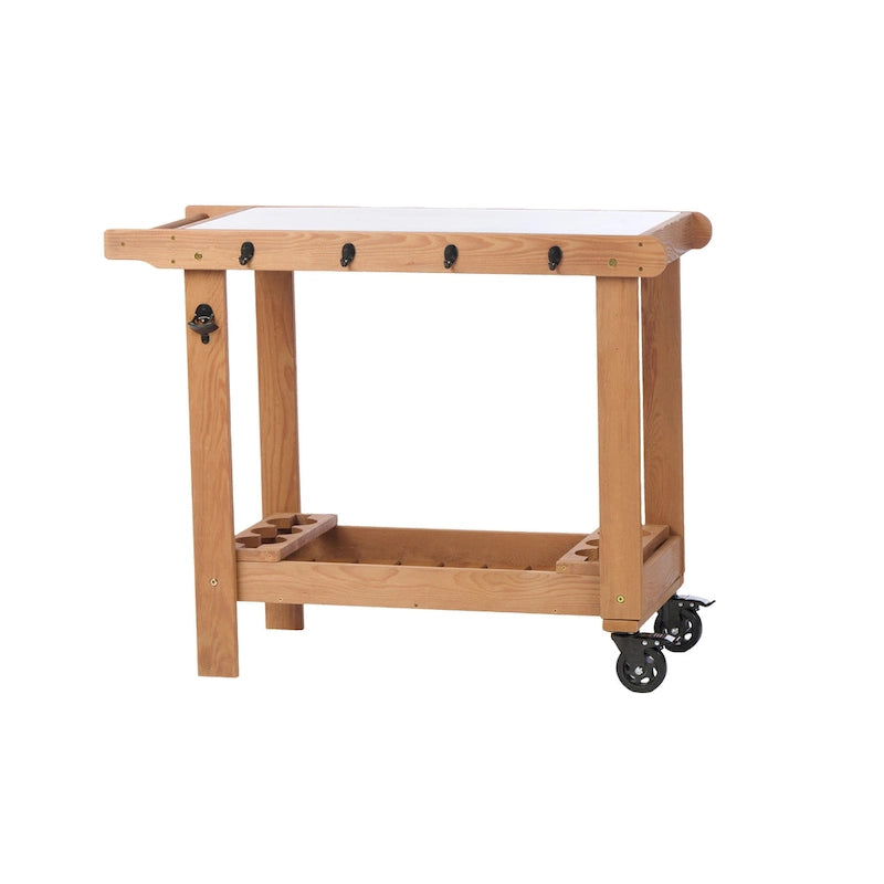 Chariot de desserte pour barbecue en bois à 2 étagères avec plateau en acier inoxydable, marron