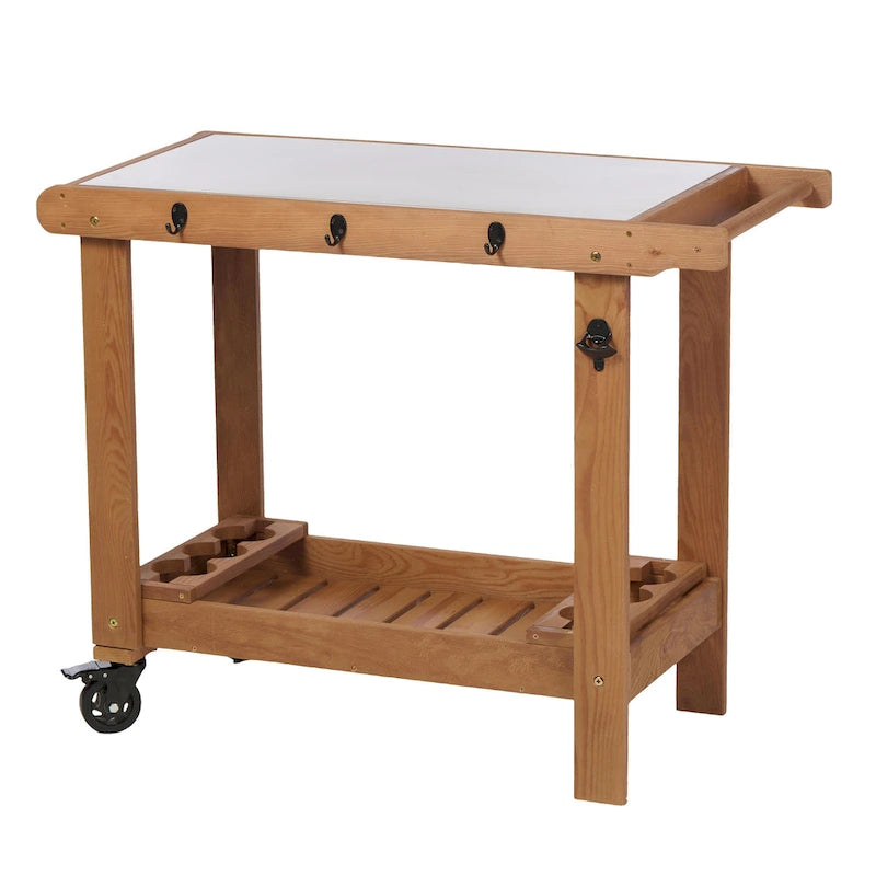 Chariot de desserte pour barbecue en bois à 2 étagères avec plateau en acier inoxydable, marron