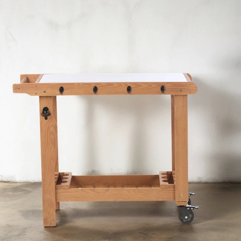 Chariot de desserte pour barbecue en bois à 2 étagères avec plateau en acier inoxydable, marron