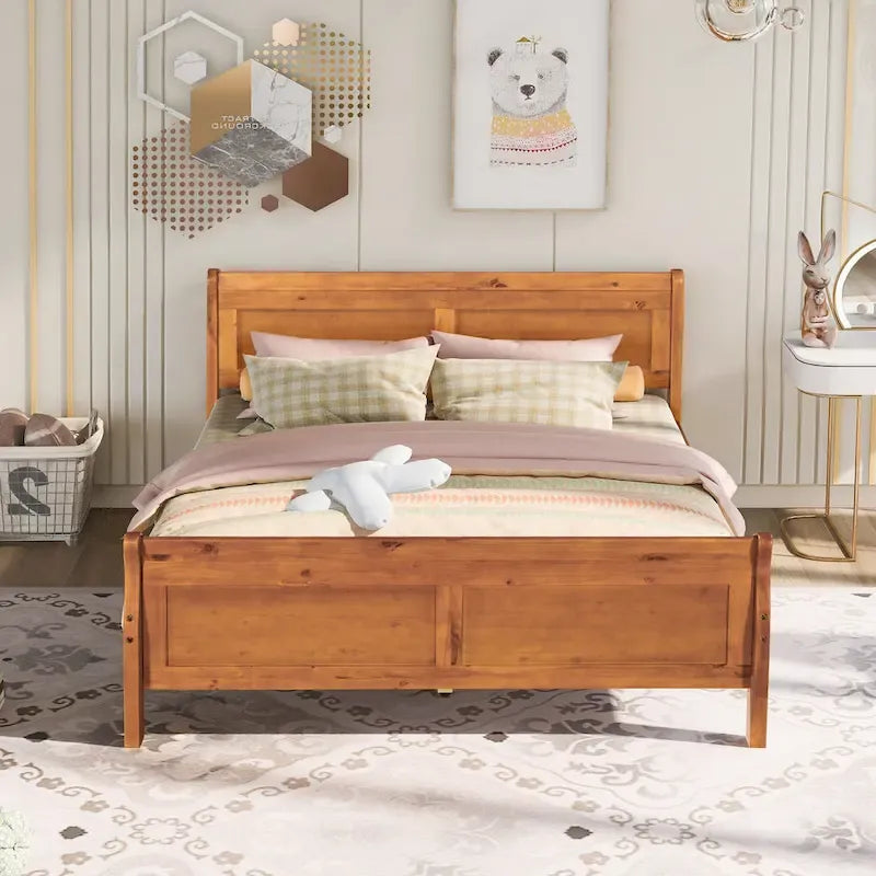 Queen Size Wood Platform Bed with Headboard and Wooden Slat Support, Oak