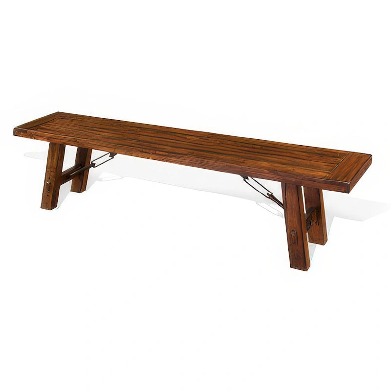 Banc de salle à manger en bois d'acajou marron rustique vieilli avec accents de tendeurs métalliques argentés