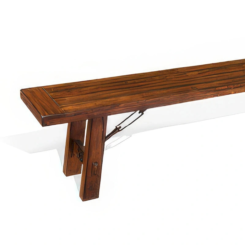 Banc de salle à manger en bois d'acajou marron rustique vieilli avec accents de tendeurs métalliques argentés