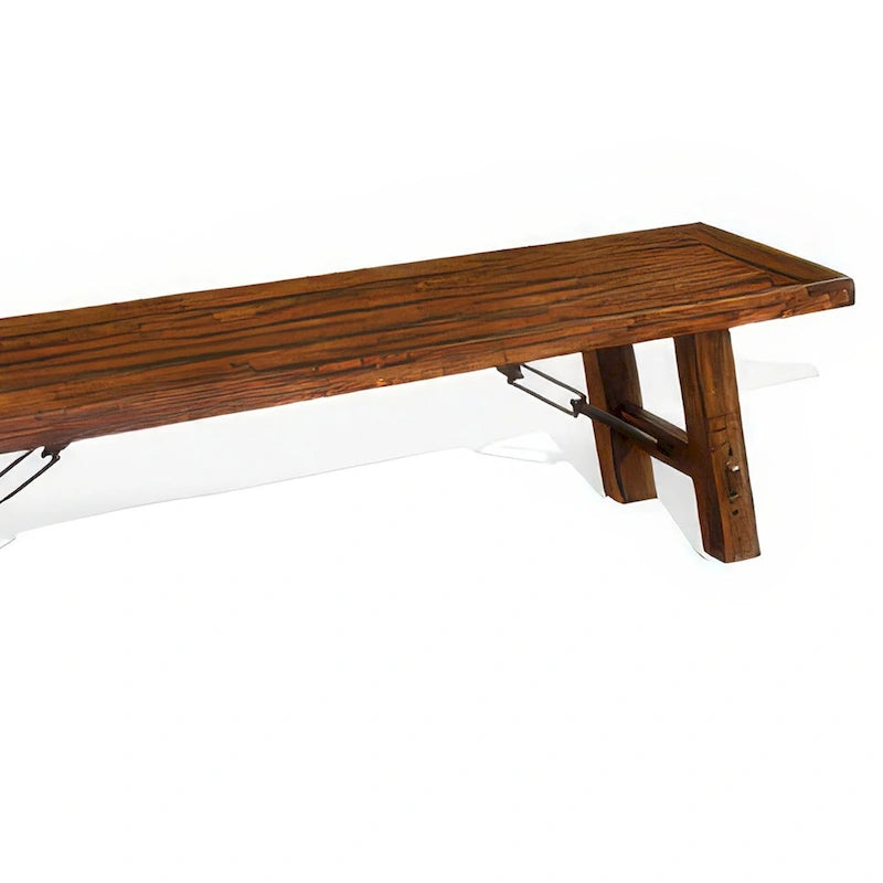 Banc de salle à manger en bois d'acajou marron rustique vieilli avec accents de tendeurs métalliques argentés
