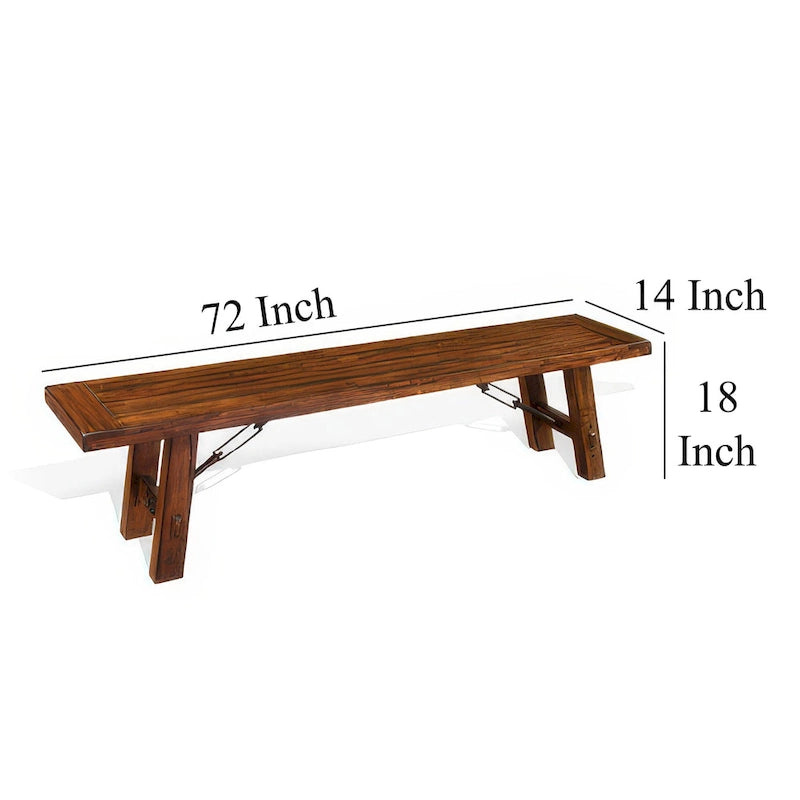 Banc de salle à manger en bois d'acajou marron rustique vieilli avec accents de tendeurs métalliques argentés