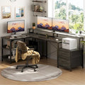 Bureau d'angle avec étagère pour écran, tiroirs de rangement, station de charge et lumières LED RGB, Chêne gris