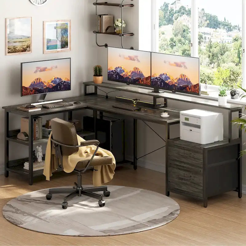 Bureau d'angle avec étagère pour écran, tiroirs de rangement, station de charge et lumières LED RGB, Chêne gris