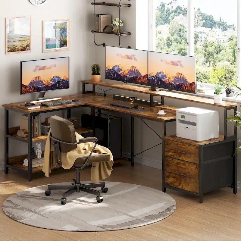 Bureau d'angle avec étagère pour écran, tiroirs de rangement, station de charge et lumières LED RGB, Chêne gris