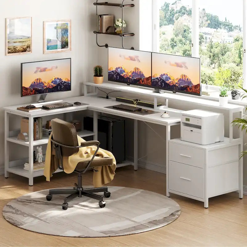 Bureau d'angle avec étagère pour écran, tiroirs de rangement, station de charge et lumières LED RGB, Chêne gris