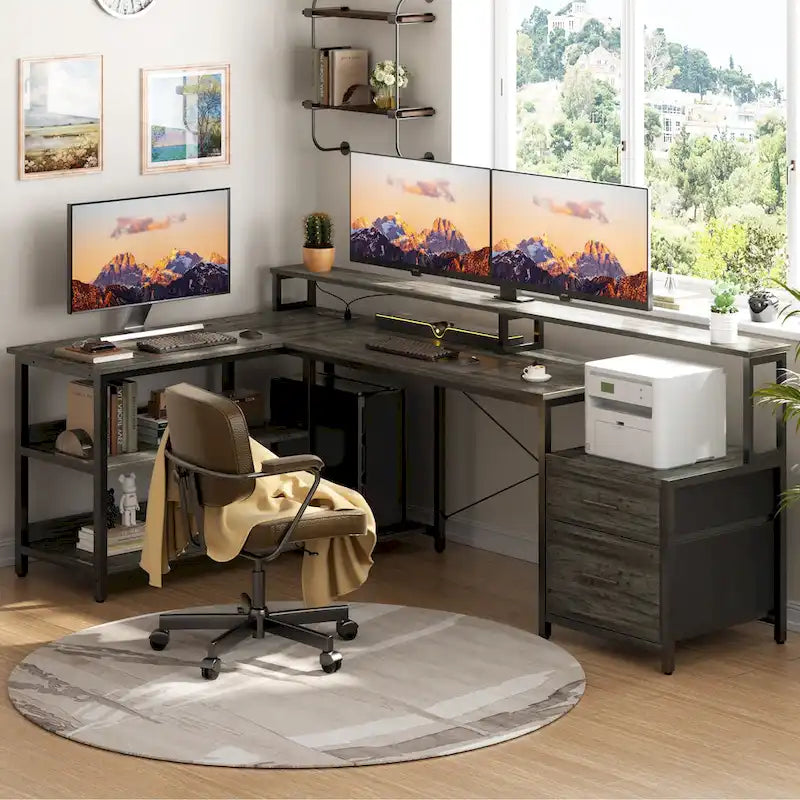 Bureau d'angle avec étagère pour écran, tiroirs de rangement, station de charge et lumières LED RGB, Chêne gris