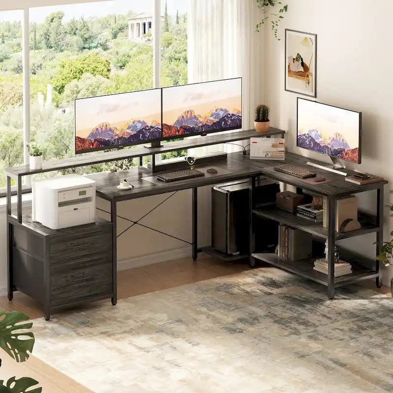 Bureau d'angle avec étagère pour écran, tiroirs de rangement, station de charge et lumières LED RGB, Chêne gris