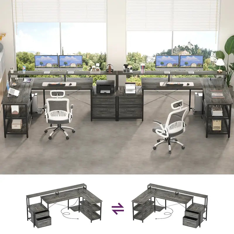 Bureau d'angle avec étagère pour écran, tiroirs de rangement, station de charge et lumières LED RGB, Chêne gris