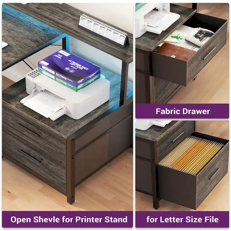 Bureau d'angle avec étagère pour écran, tiroirs de rangement, station de charge et lumières LED RGB, Chêne gris