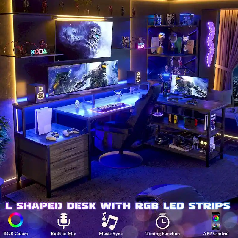 Bureau d'angle avec étagère pour écran, tiroirs de rangement, station de charge et lumières LED RGB, Chêne gris