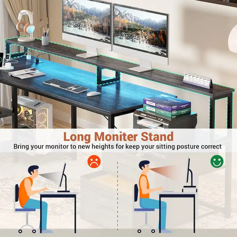 Bureau d'angle avec étagère pour écran, tiroirs de rangement, station de charge et lumières LED RGB, Chêne gris