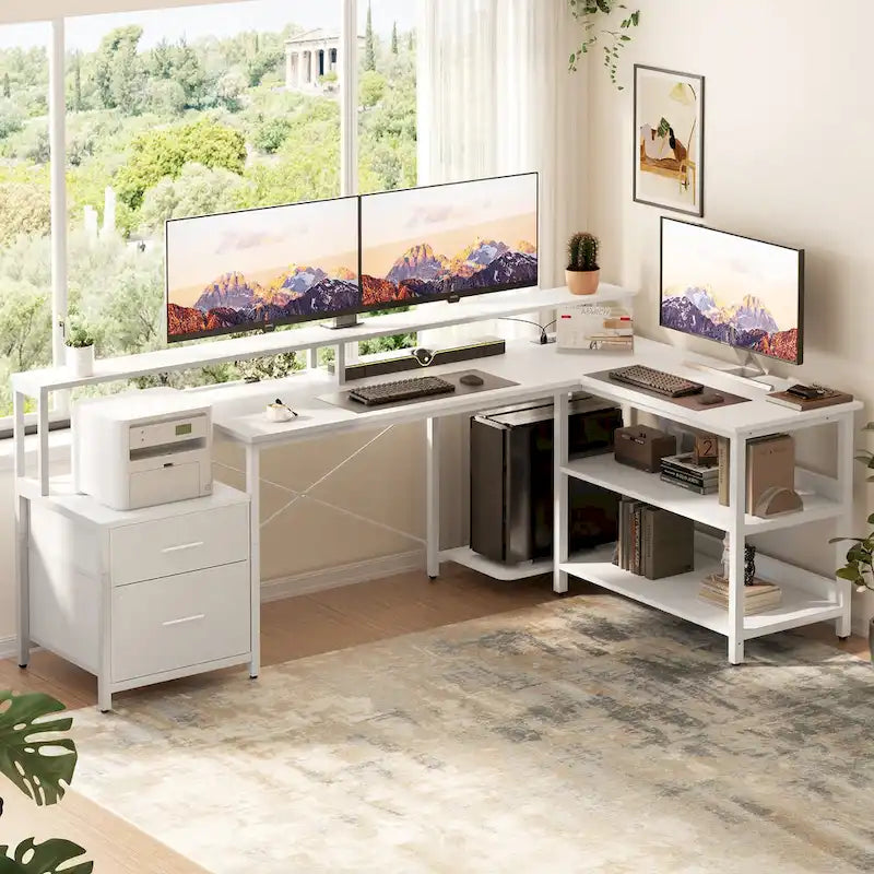 Bureau d'angle avec étagère pour écran, tiroirs de rangement, station de charge et lumières LED RGB, Chêne gris