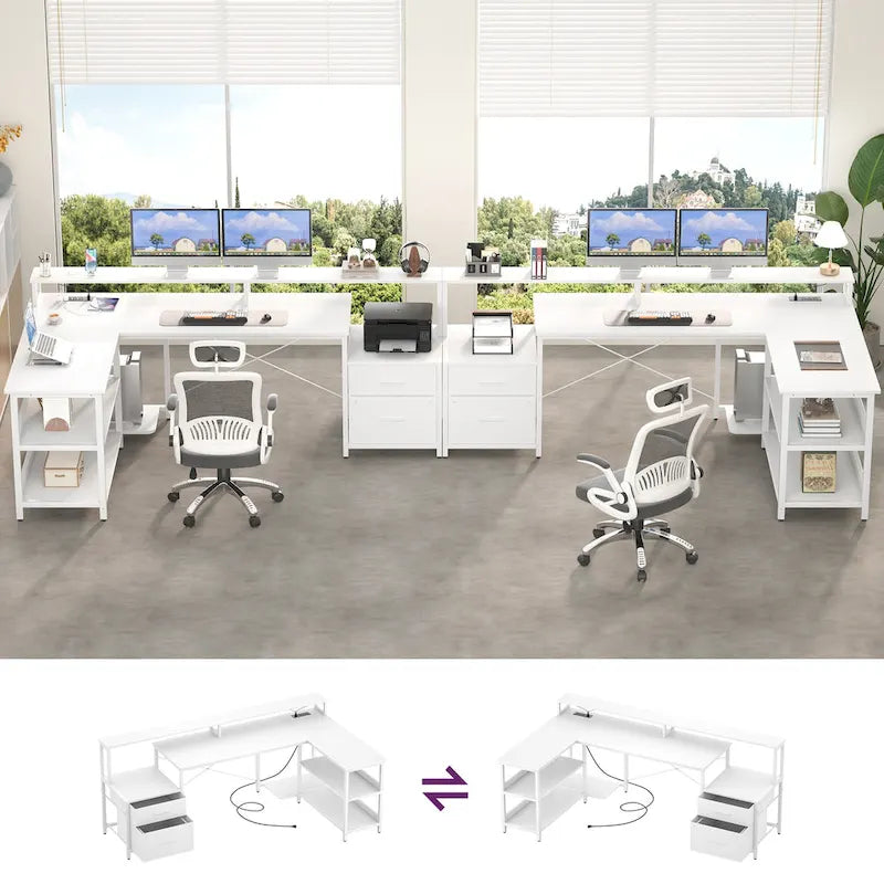 Bureau d'angle avec étagère pour écran, tiroirs de rangement, station de charge et lumières LED RGB, Chêne gris