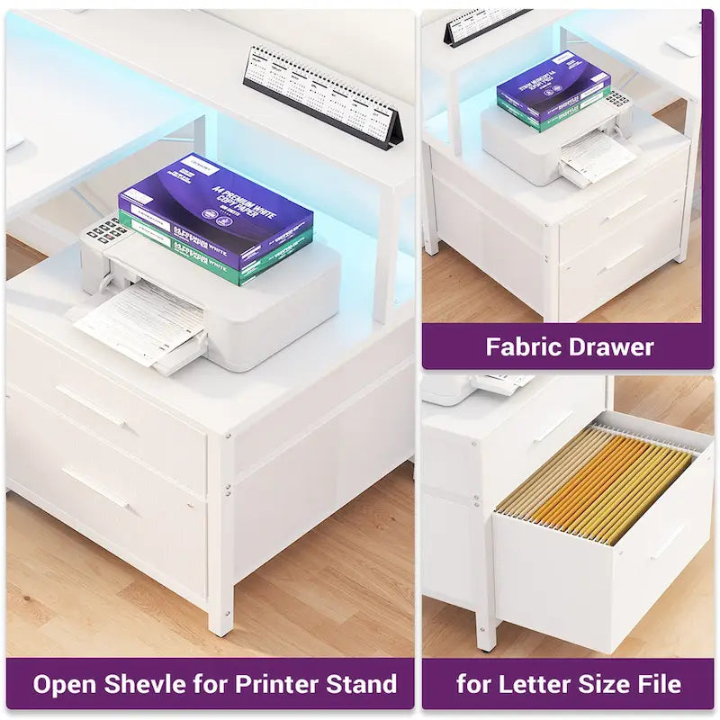 Bureau d'angle avec étagère pour écran, tiroirs de rangement, station de charge et lumières LED RGB, Chêne gris